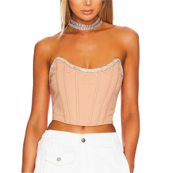 h:ours Tops - Revolve h:ours Sandy Nude Rhinestone Bustier Top SMALL Corset Coquette Crop